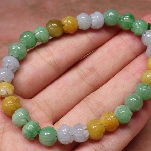 Certified 3 Color Natural A JADE Jadeite Lotus Flower Beads Bangle Bracelet - Picture 2 of 9